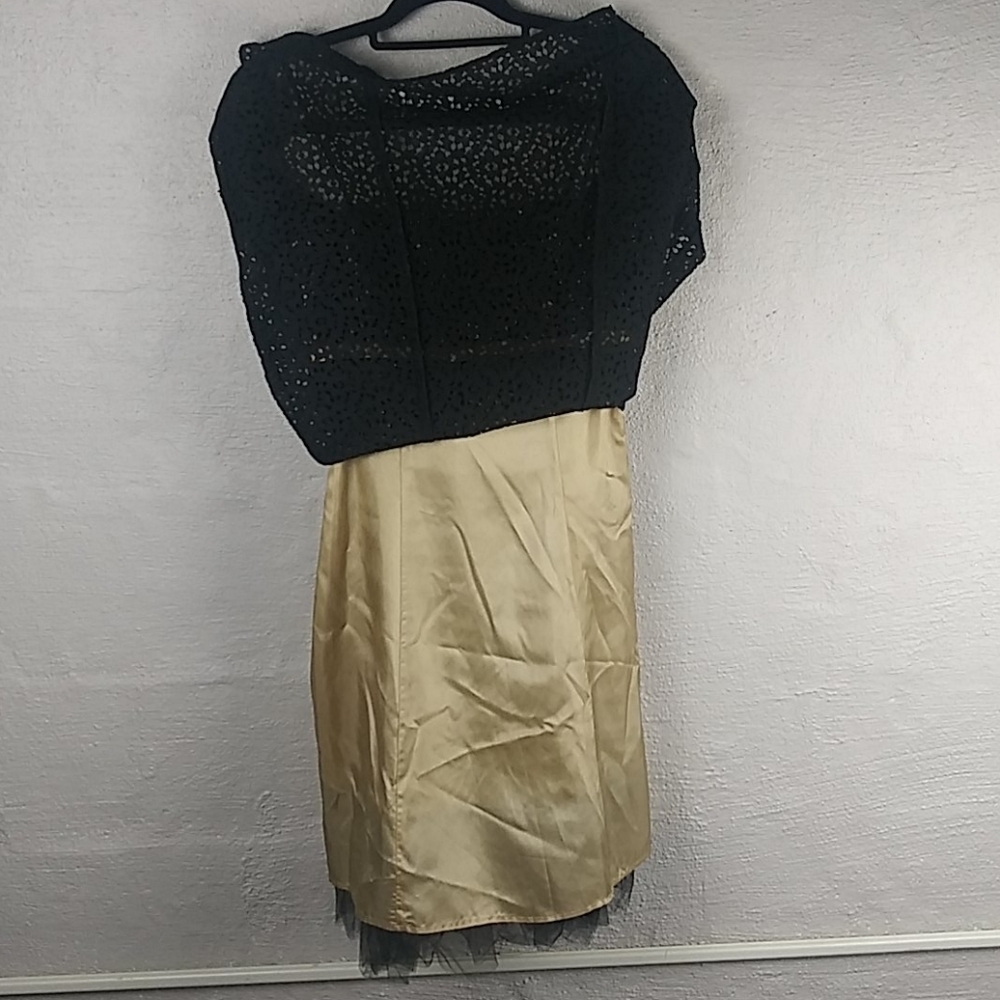 Betsy & Adam Black Gold Crochet Straight Neckline Spaghetti Strap Mini Dress - Picture 12 of 15